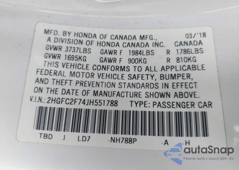 2018 Honda Civic Ex z USA, uszkodzony, nr VIN 2HGFC2F74JH551788